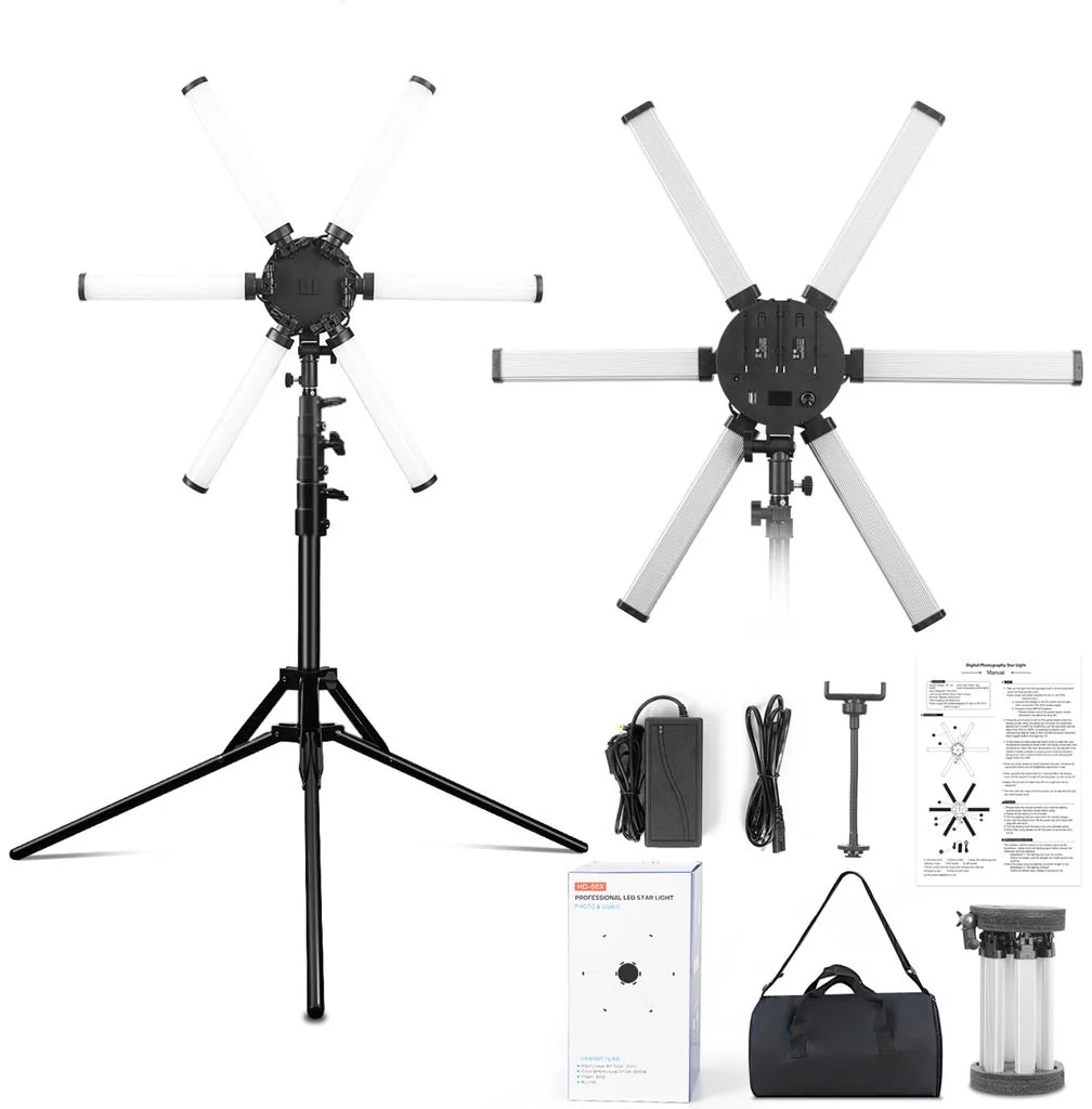 Aro de luz estrella HD-60X de 6 brazos con trípode