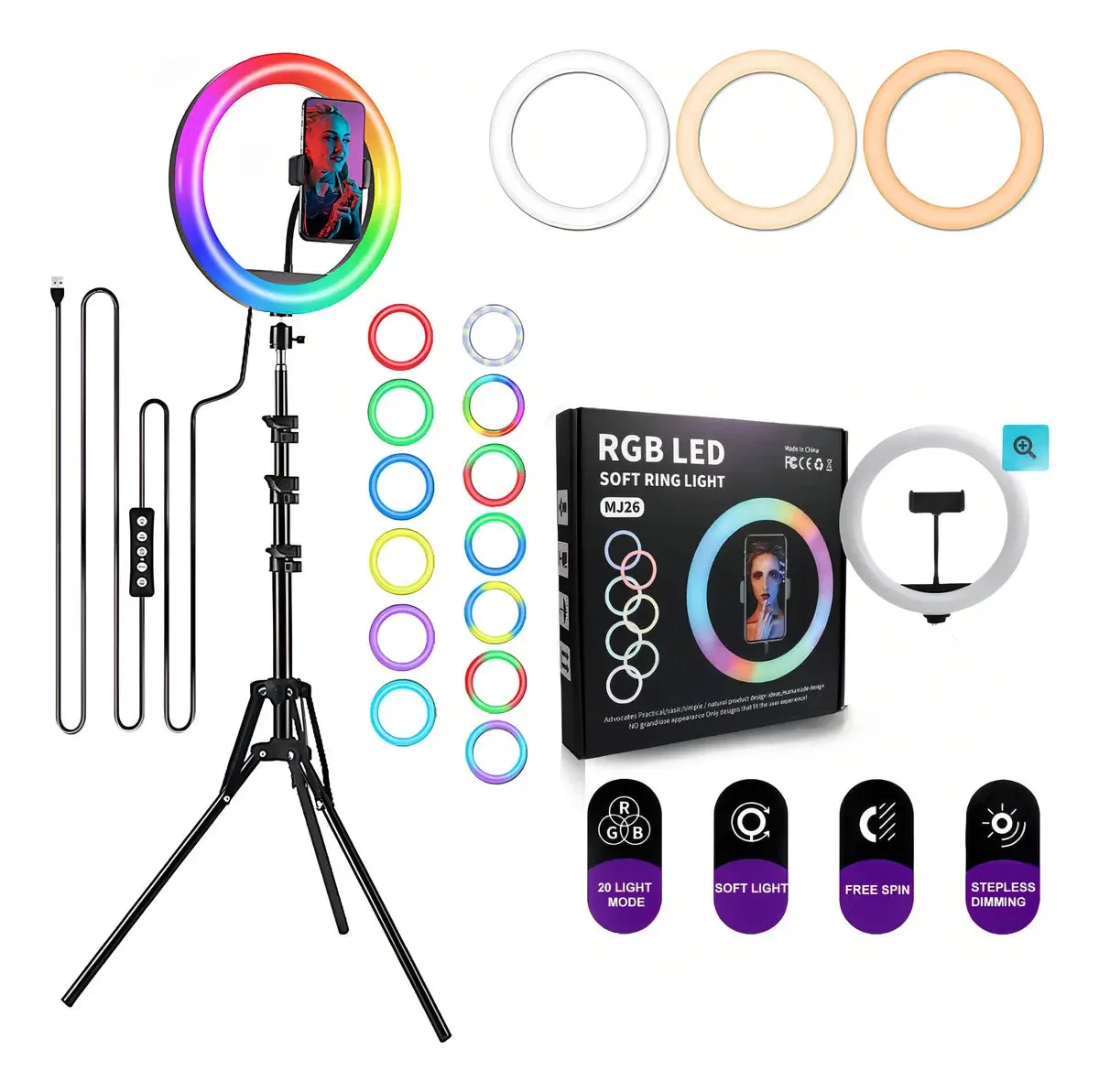 Aro de luz RGB MJ26 de 26 cm con trípode