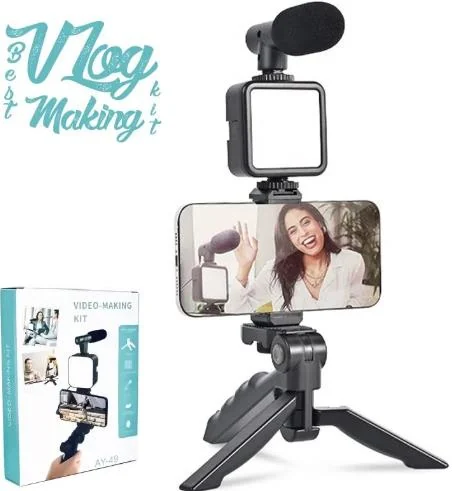 Kit de video AY49: trípode, luz LED y micrófono
