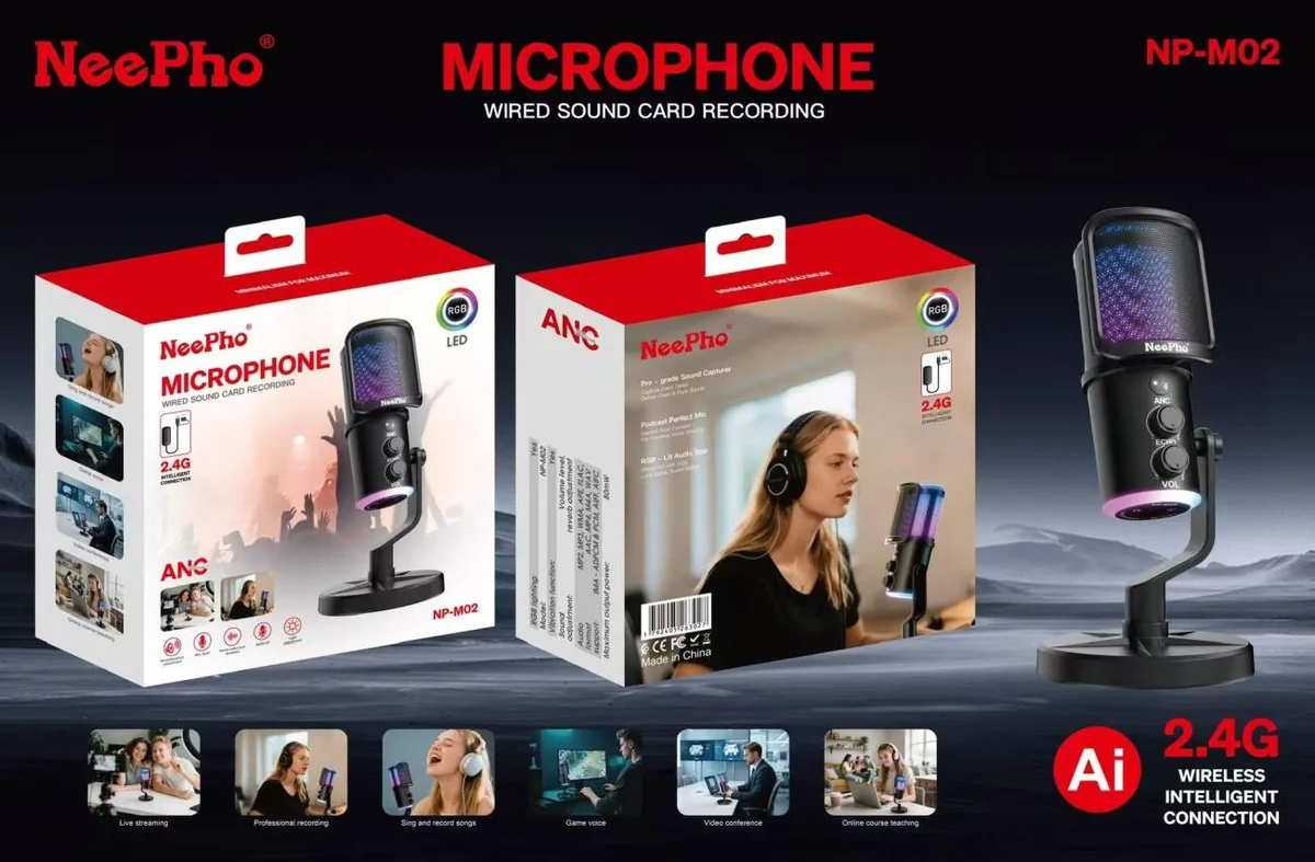 Micrófono NeePho NP-M02 USB con luz RGB y cancelación de ruido