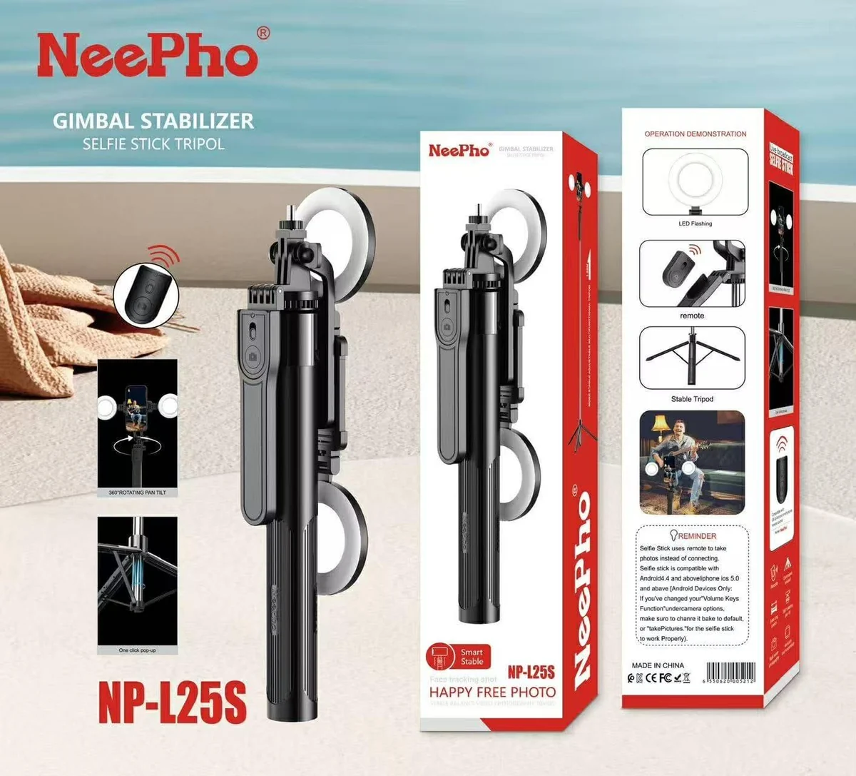 Trípode selfie NeePho NP-L25S con luz de relleno